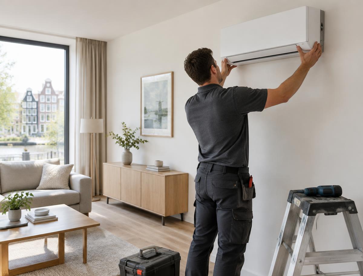Installateur hangt een airco op in een lichte woonkamer