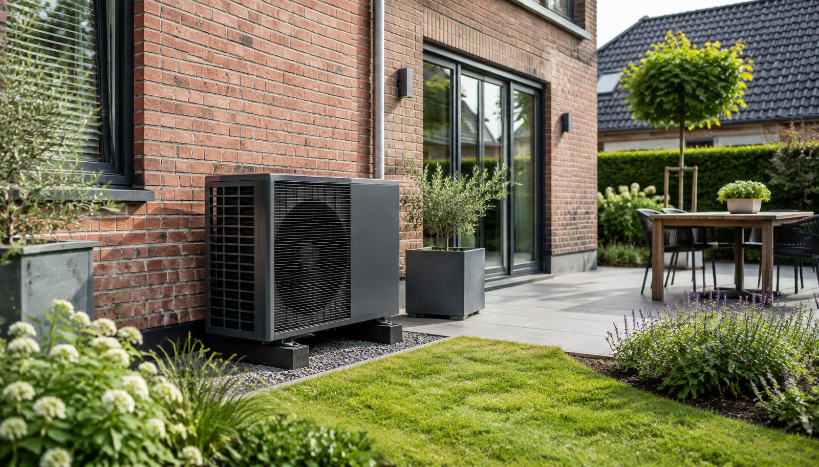 Warmtepomp buiten naast een Nederlandse bakstenen woning