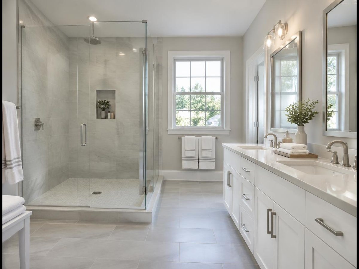 Newly remodeled bathroom with walk-in shower and double vanity in an American home