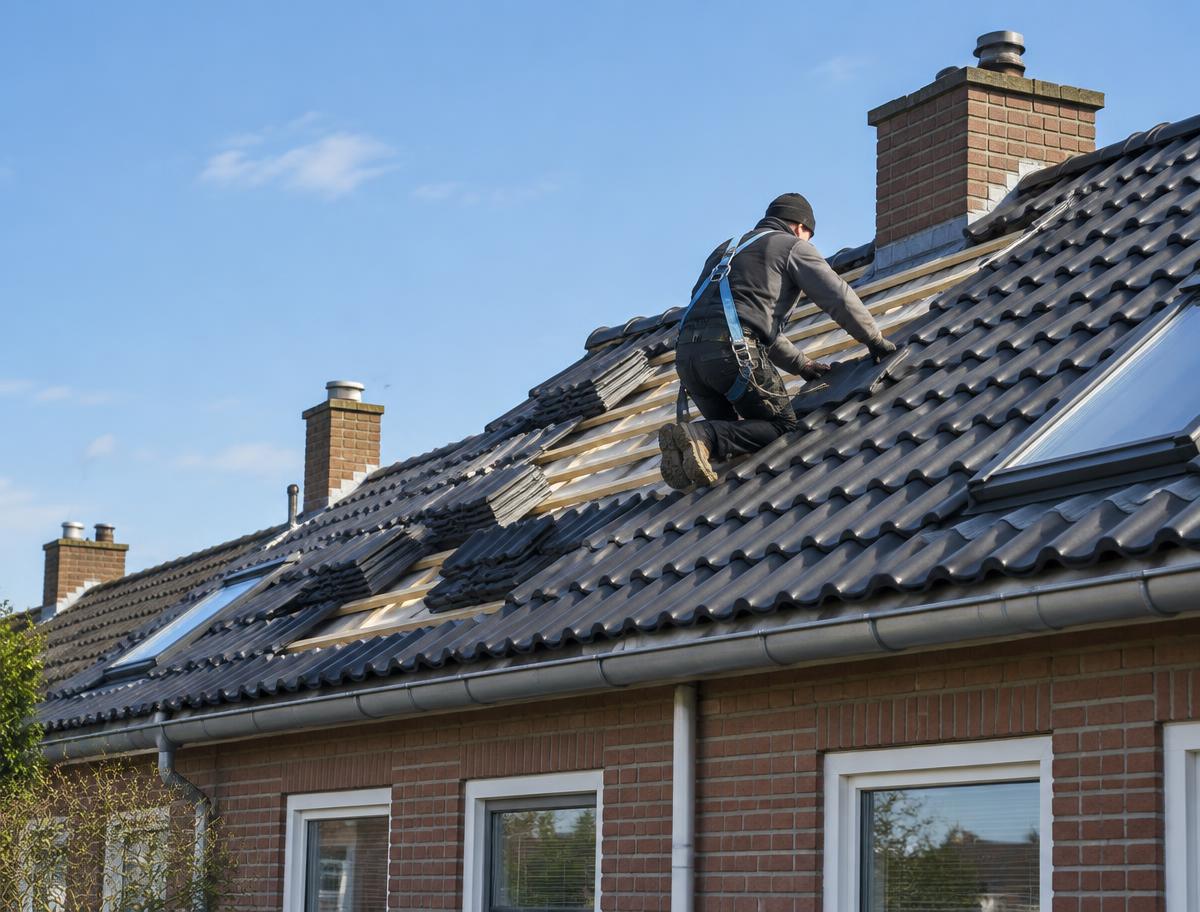 Dakdekker legt dakpannen op een rijtjeshuis