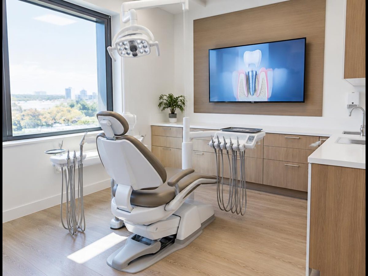 Modern American dental implant practice treatment room with dental chair