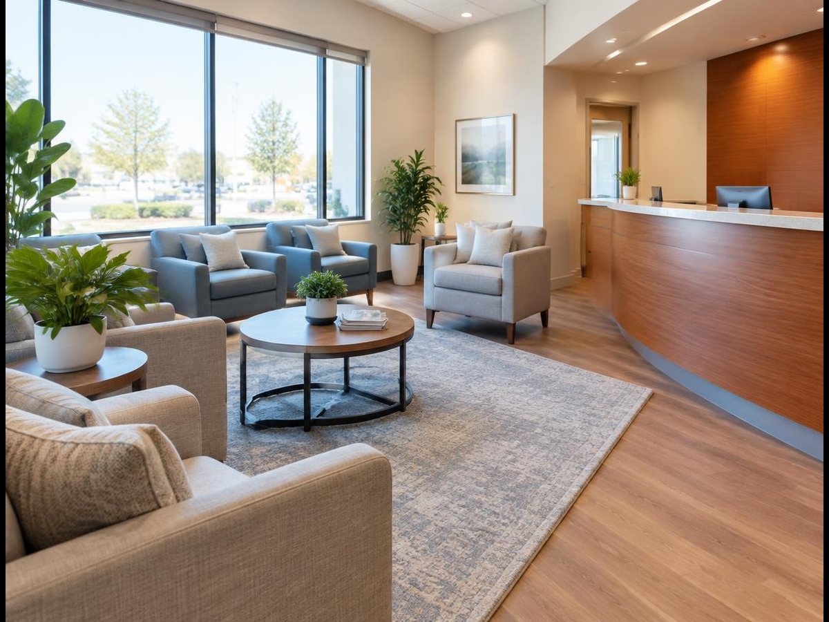Welcoming reception area of a modern American dental office