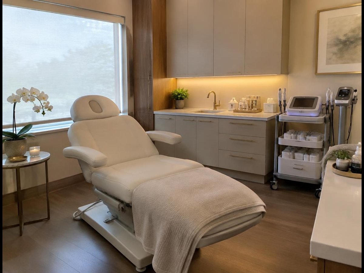 Calm treatment room in an American med spa with treatment chair and soft lighting