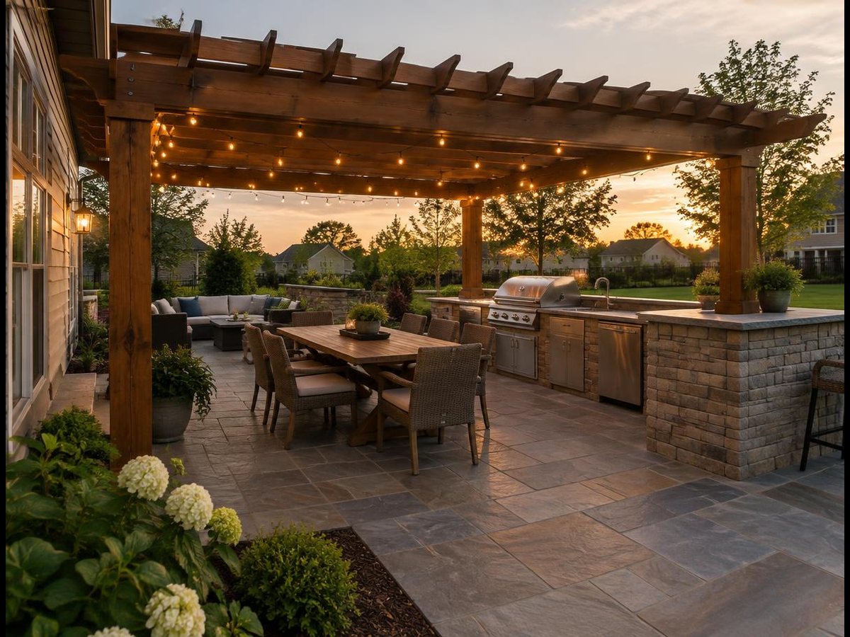 Backyard outdoor living space with pergola and outdoor kitchen at an American home